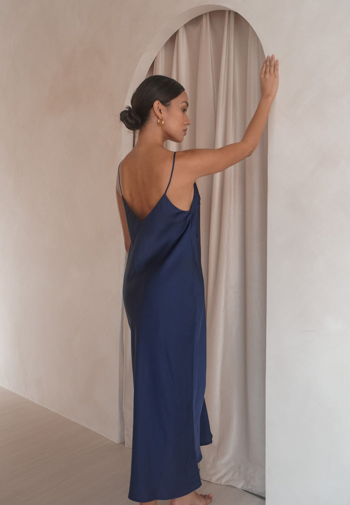 LEA SILK SATIN MIDI SLIP DRESS NAVY BLUE – Ashley Summer Co LEA SILK SATIN MIDI SLIP DRESS NAVY BLUE – Ashley Summer Co