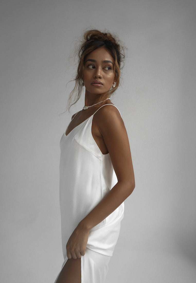 Lea white satin silk slip midi dress loungewear singapore ashley summer